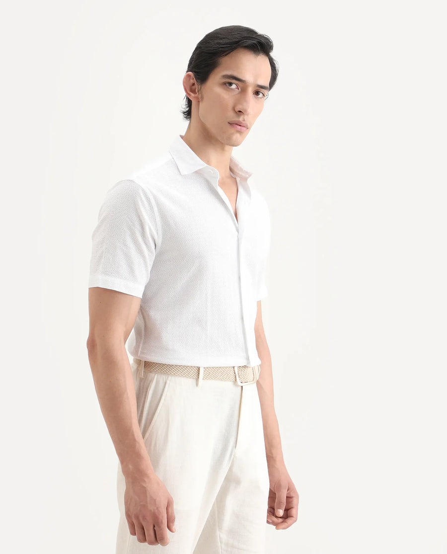 Rare Rabbit Men's Volda White Cotton Fabric Half Sleeve Spread Collar Regular Fit Textured Shirt