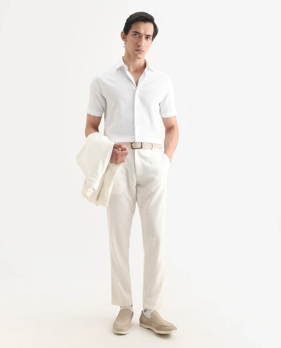Rare Rabbit Men's Volda White Cotton Fabric Half Sleeve Spread Collar Regular Fit Textured Shirt