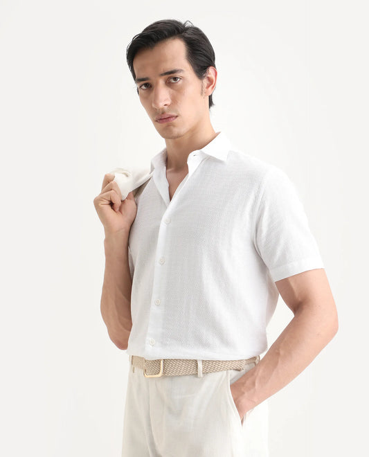 Rare Rabbit Men's Volda White Cotton Fabric Half Sleeve Spread Collar Regular Fit Textured Shirt