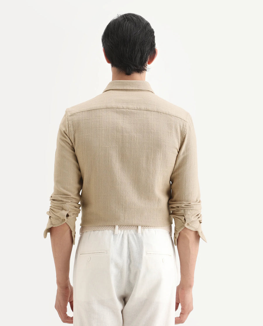 Rare Rabbit Men's Loten Khaki Cotton Fabric Half Sleeve Spread Collar Regular Fit Textured Shirt