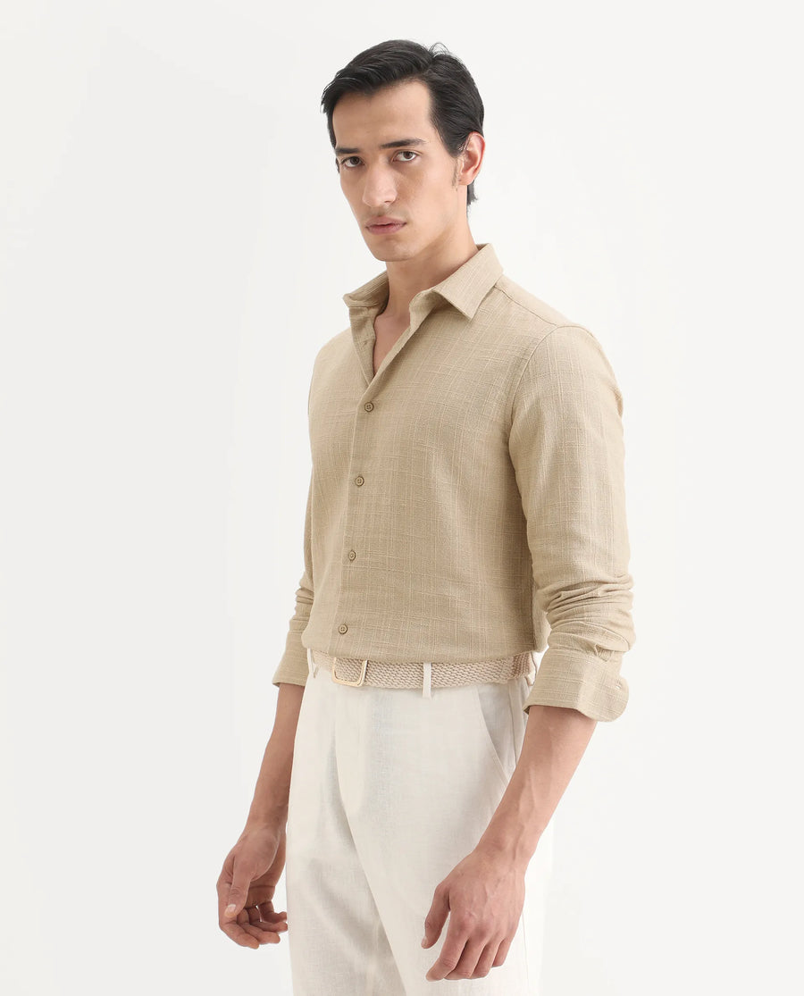 Rare Rabbit Men's Loten Khaki Cotton Fabric Half Sleeve Spread Collar Regular Fit Textured Shirt