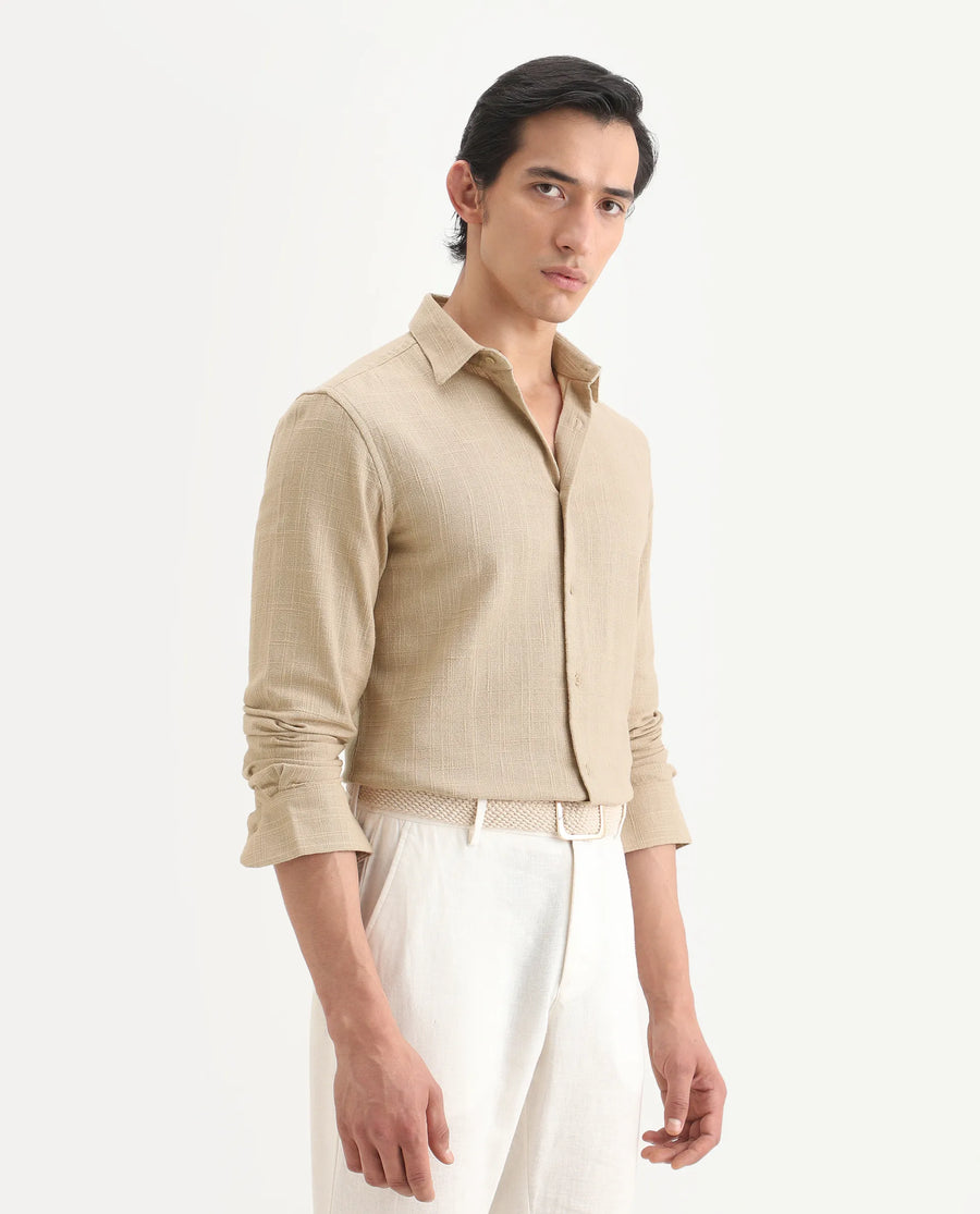 Rare Rabbit Men's Loten Khaki Cotton Fabric Half Sleeve Spread Collar Regular Fit Textured Shirt