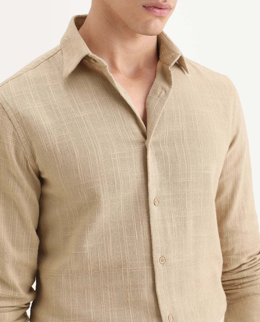 Rare Rabbit Men's Loten Khaki Cotton Fabric Half Sleeve Spread Collar Regular Fit Textured Shirt