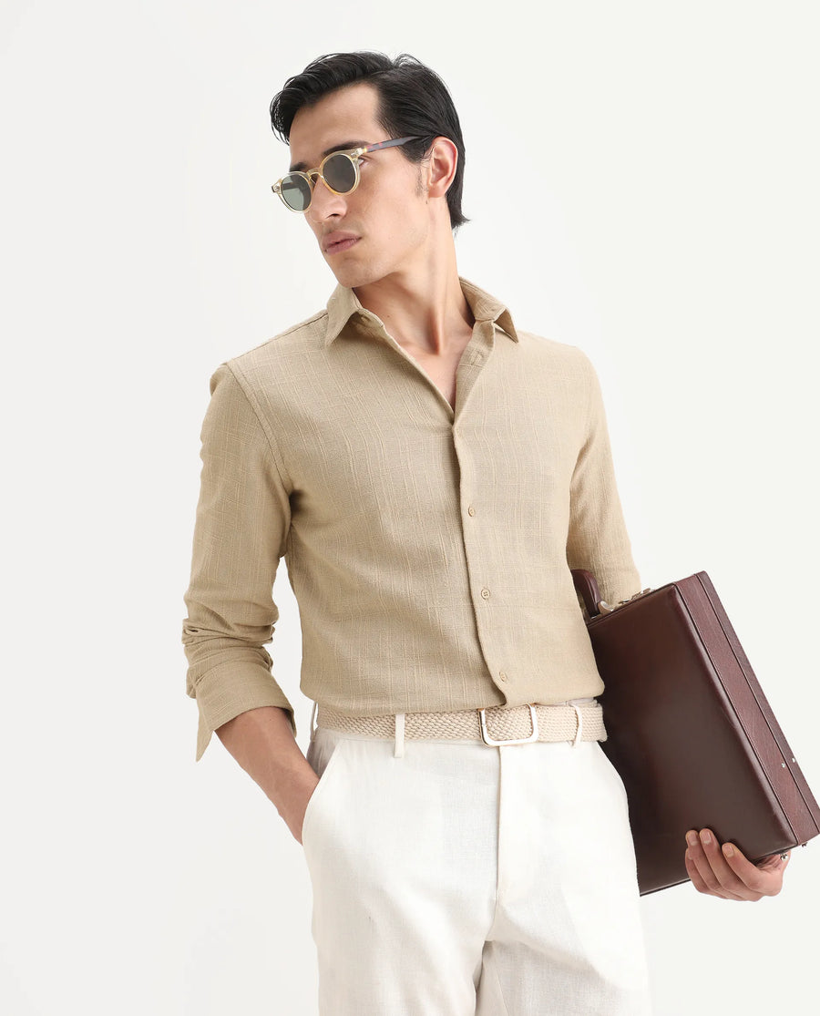 Rare Rabbit Men's Loten Khaki Cotton Fabric Half Sleeve Spread Collar Regular Fit Textured Shirt