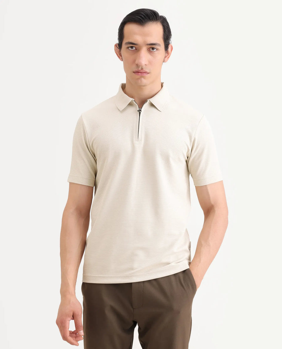 Rare Rabbit Men's Arp Light Beige Cotton Blend Fabric Half Sleeve Spread Collar Regular Fit Plain Polo