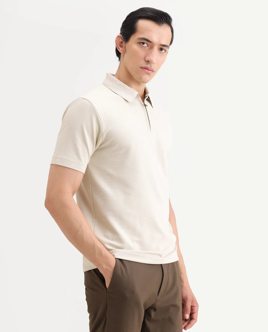 Rare Rabbit Men's Arp Light Beige Cotton Blend Fabric Half Sleeve Spread Collar Regular Fit Plain Polo
