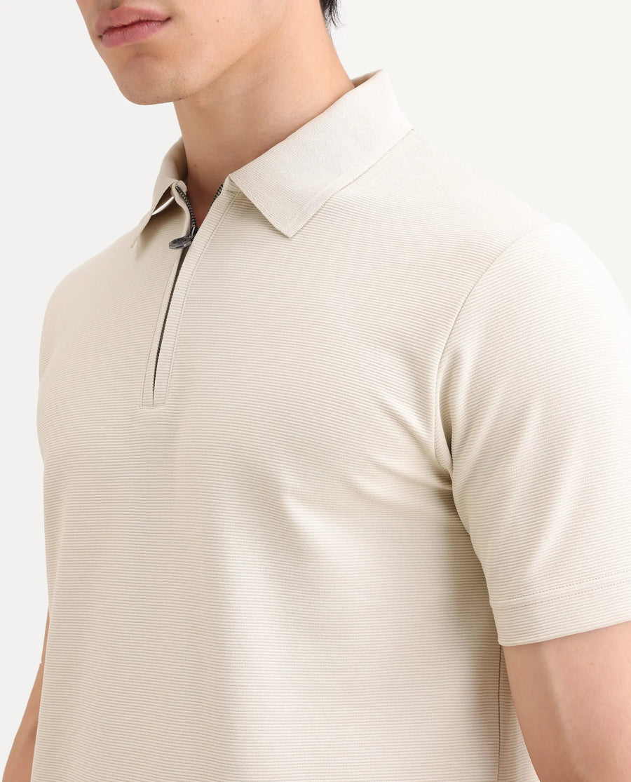 Rare Rabbit Men's Arp Light Beige Cotton Blend Fabric Half Sleeve Spread Collar Regular Fit Plain Polo