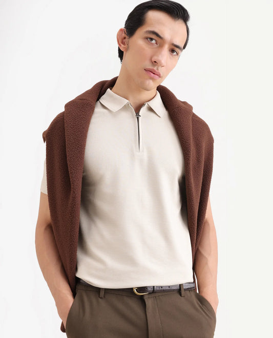 Rare Rabbit Men's Arp Light Beige Cotton Blend Fabric Half Sleeve Spread Collar Regular Fit Plain Polo