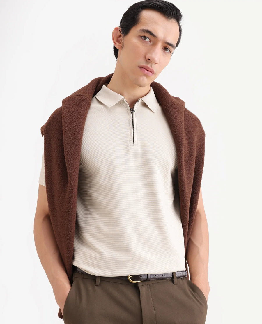 Rare Rabbit Men's Arp Light Beige Cotton Blend Fabric Half Sleeve Spread Collar Regular Fit Plain Polo