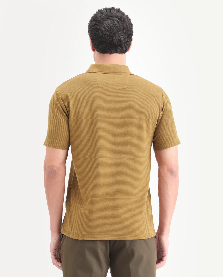 Rare Rabbit Men's Arp Dusky Mustard Cotton Blend Fabric Half Sleeve Spread Collar Regular Fit Plain Polo