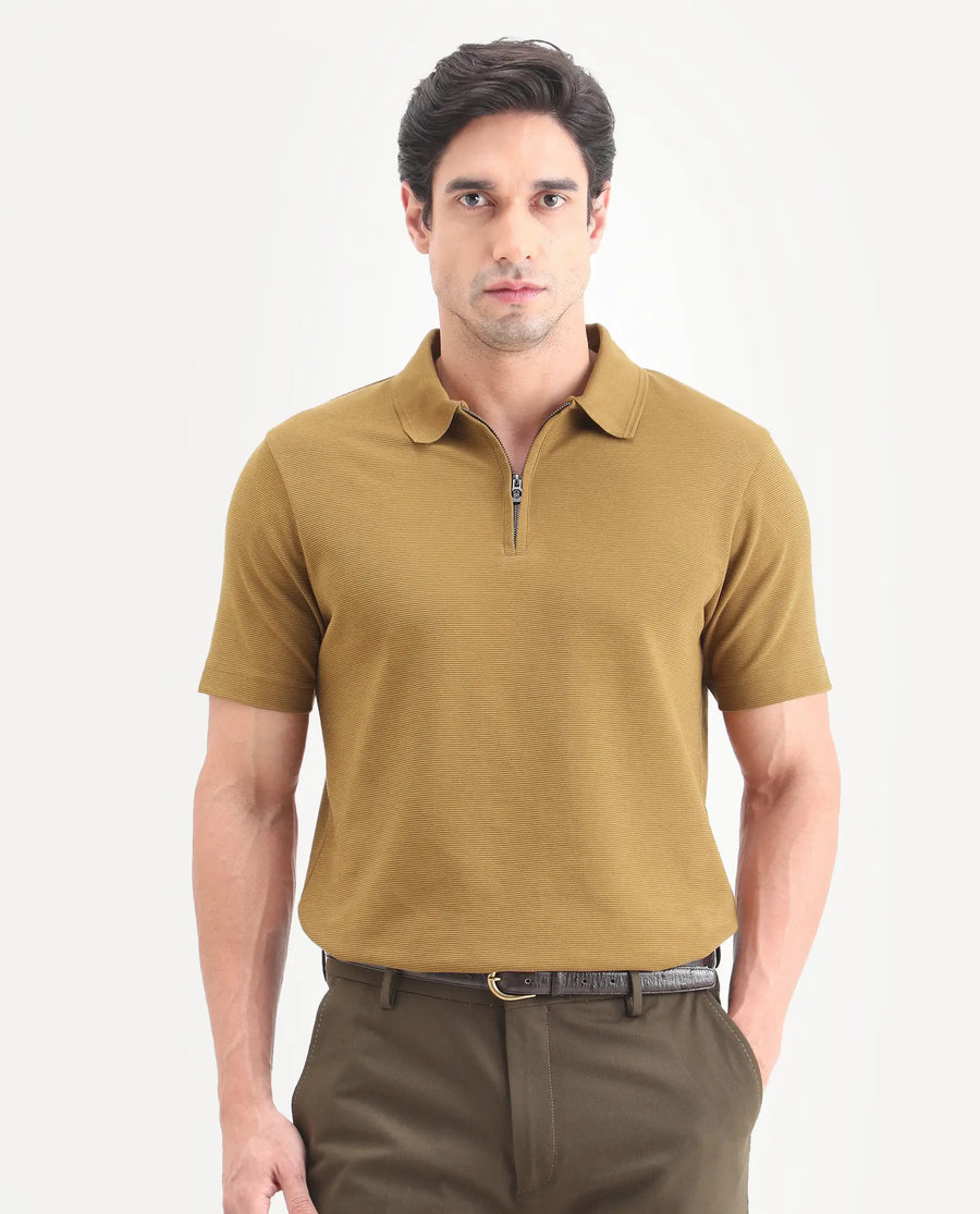 Rare Rabbit Men's Arp Dusky Mustard Cotton Blend Fabric Half Sleeve Spread Collar Regular Fit Plain Polo