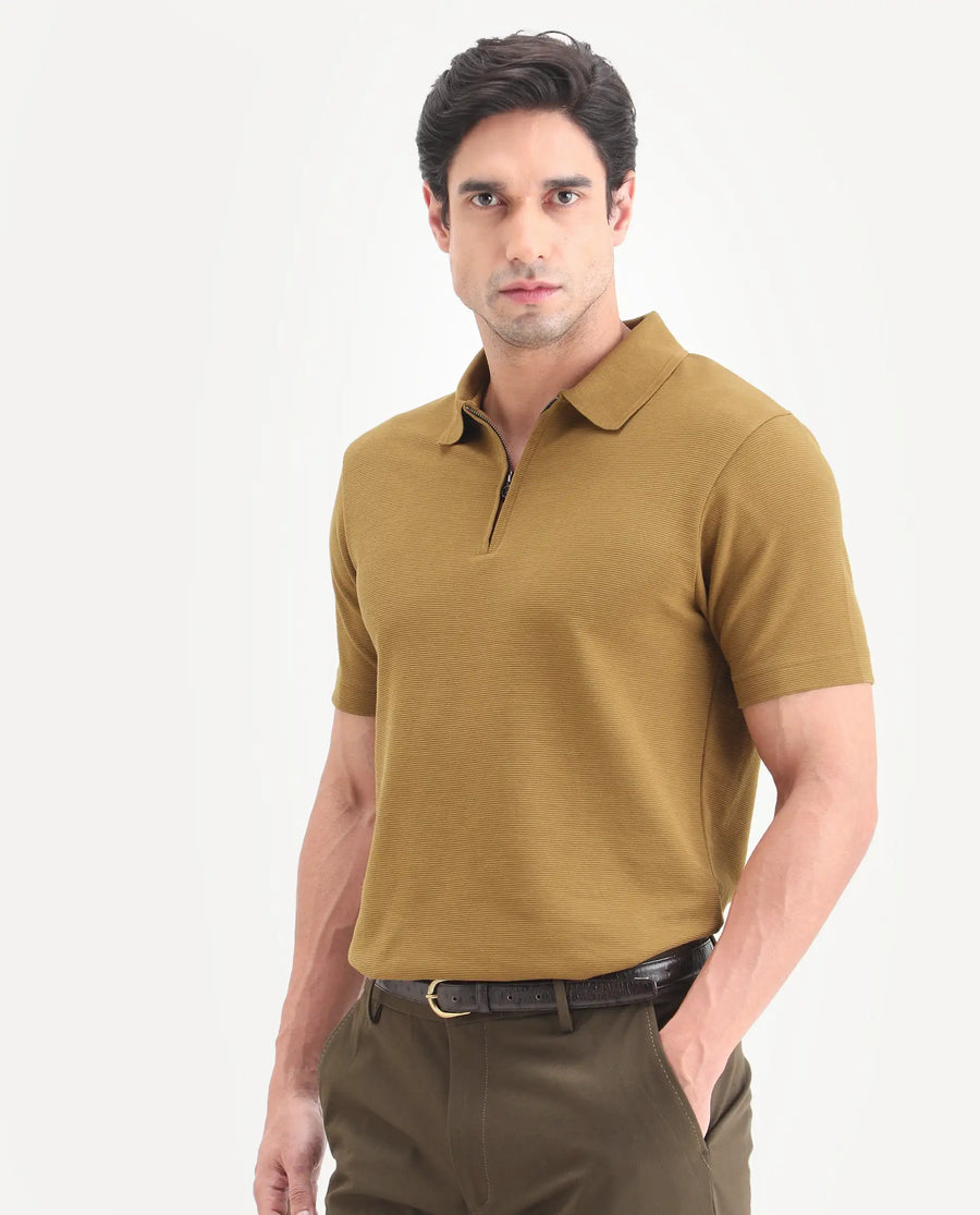 Rare Rabbit Men's Arp Dusky Mustard Cotton Blend Fabric Half Sleeve Spread Collar Regular Fit Plain Polo