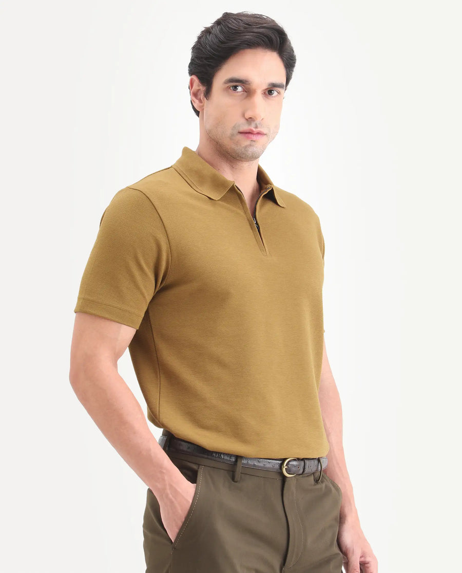 Rare Rabbit Men's Arp Dusky Mustard Cotton Blend Fabric Half Sleeve Spread Collar Regular Fit Plain Polo