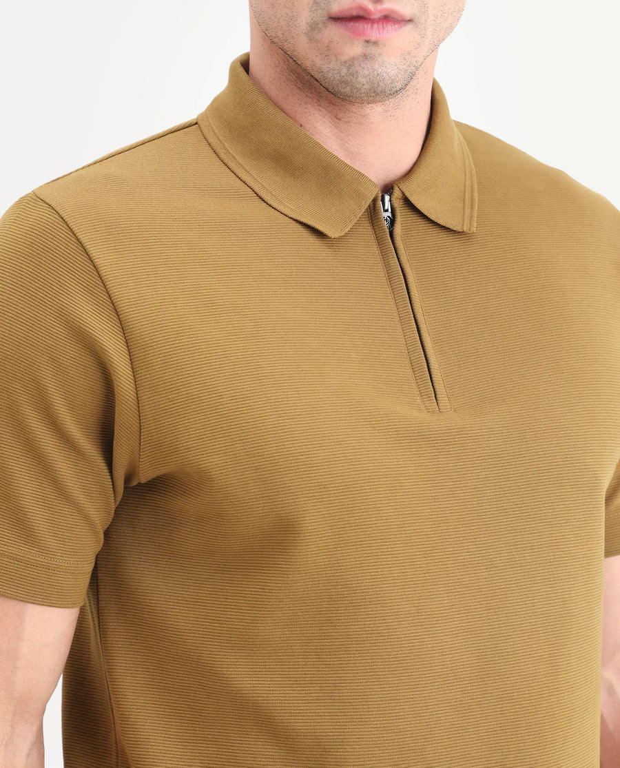 Rare Rabbit Men's Arp Dusky Mustard Cotton Blend Fabric Half Sleeve Spread Collar Regular Fit Plain Polo