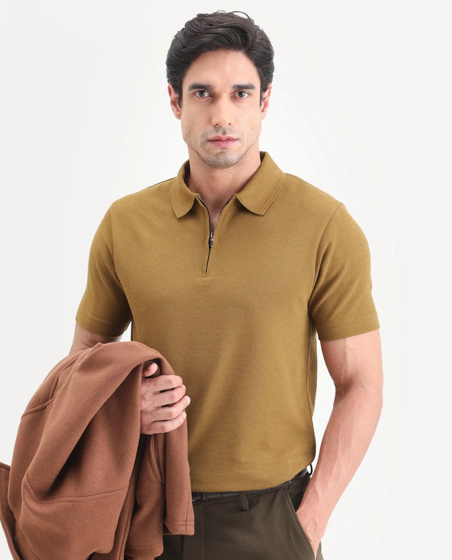 Rare Rabbit Men's Arp Dusky Mustard Cotton Blend Fabric Half Sleeve Spread Collar Regular Fit Plain Polo