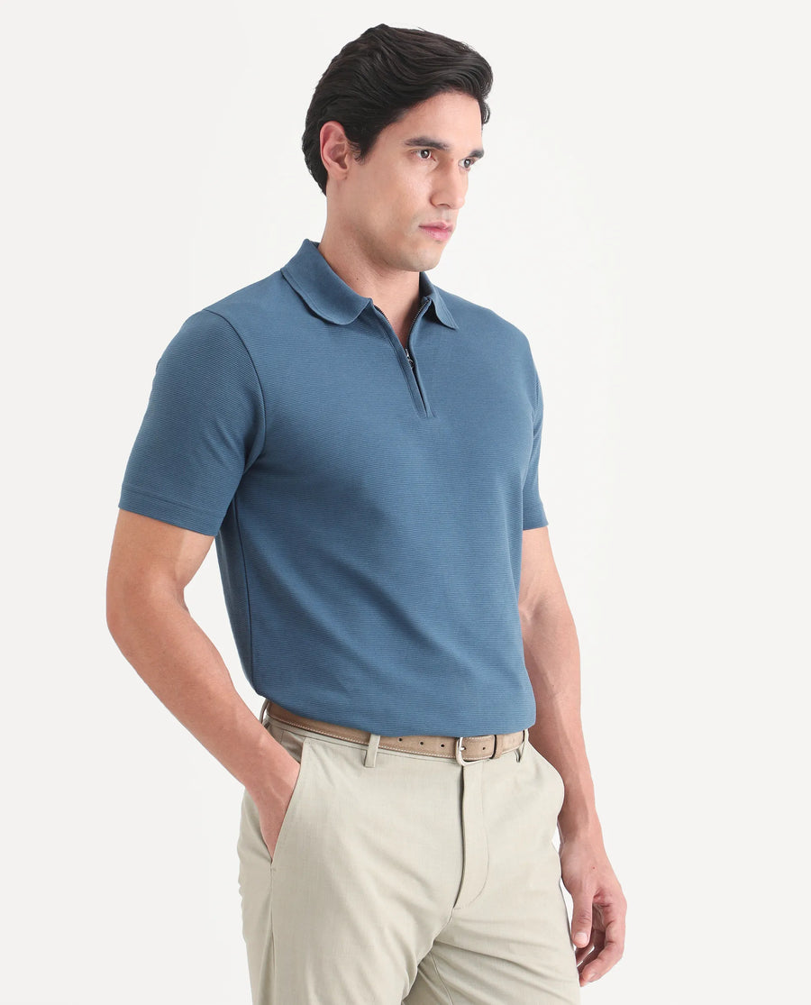 Rare Rabbit Men's Arp Dusky Teal Cotton Blend Fabric Half Sleeve Spread Collar Regular Fit Plain Polo