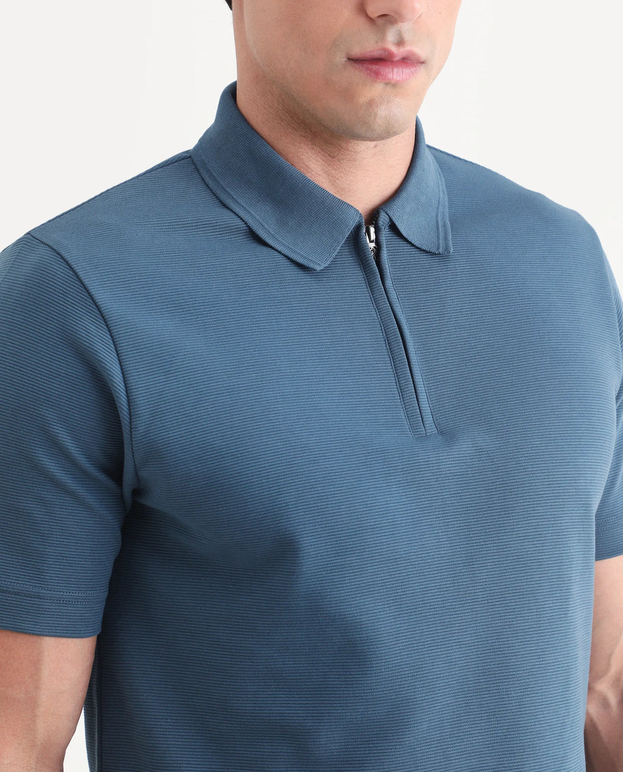 Rare Rabbit Men's Arp Dusky Teal Cotton Blend Fabric Half Sleeve Spread Collar Regular Fit Plain Polo