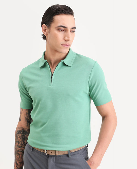 Rare Rabbit Men's Arp Dusky Green Cotton Blend Fabric Half Sleeve Spread Collar Regular Fit Plain Polo