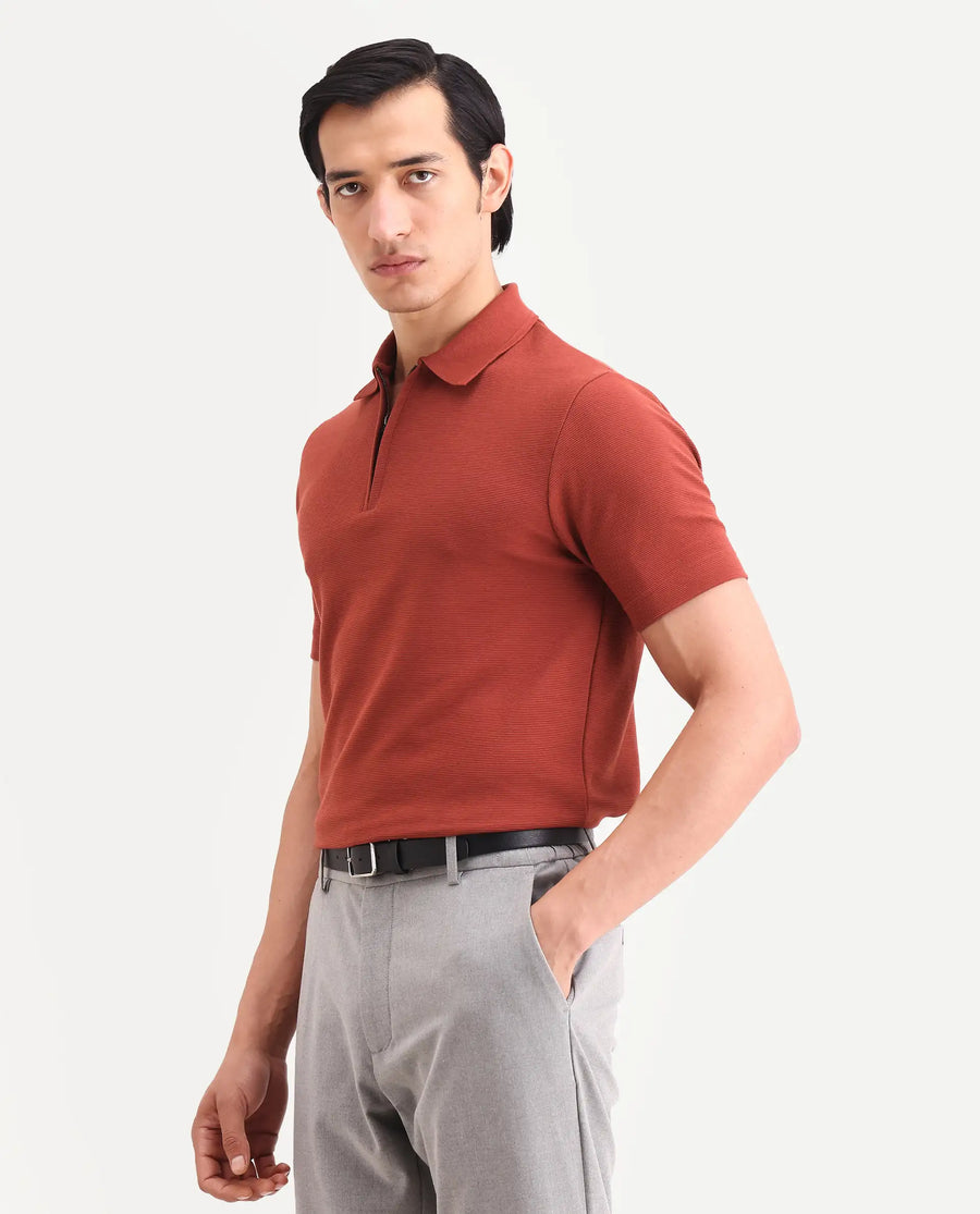 Rare Rabbit Men's Arp Rust Cotton Blend Fabric Half Sleeve Spread Collar Regular Fit Plain Polo
