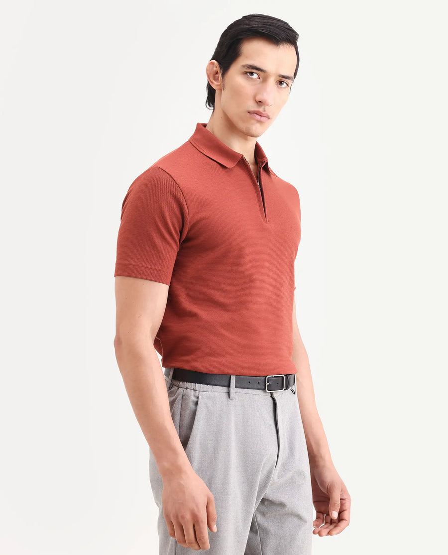 Rare Rabbit Men's Arp Rust Cotton Blend Fabric Half Sleeve Spread Collar Regular Fit Plain Polo