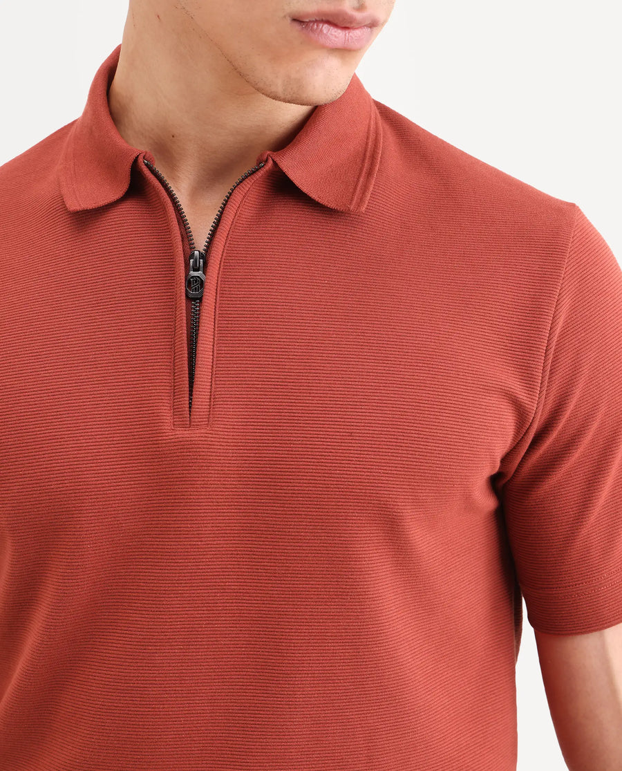 Rare Rabbit Men's Arp Rust Cotton Blend Fabric Half Sleeve Spread Collar Regular Fit Plain Polo
