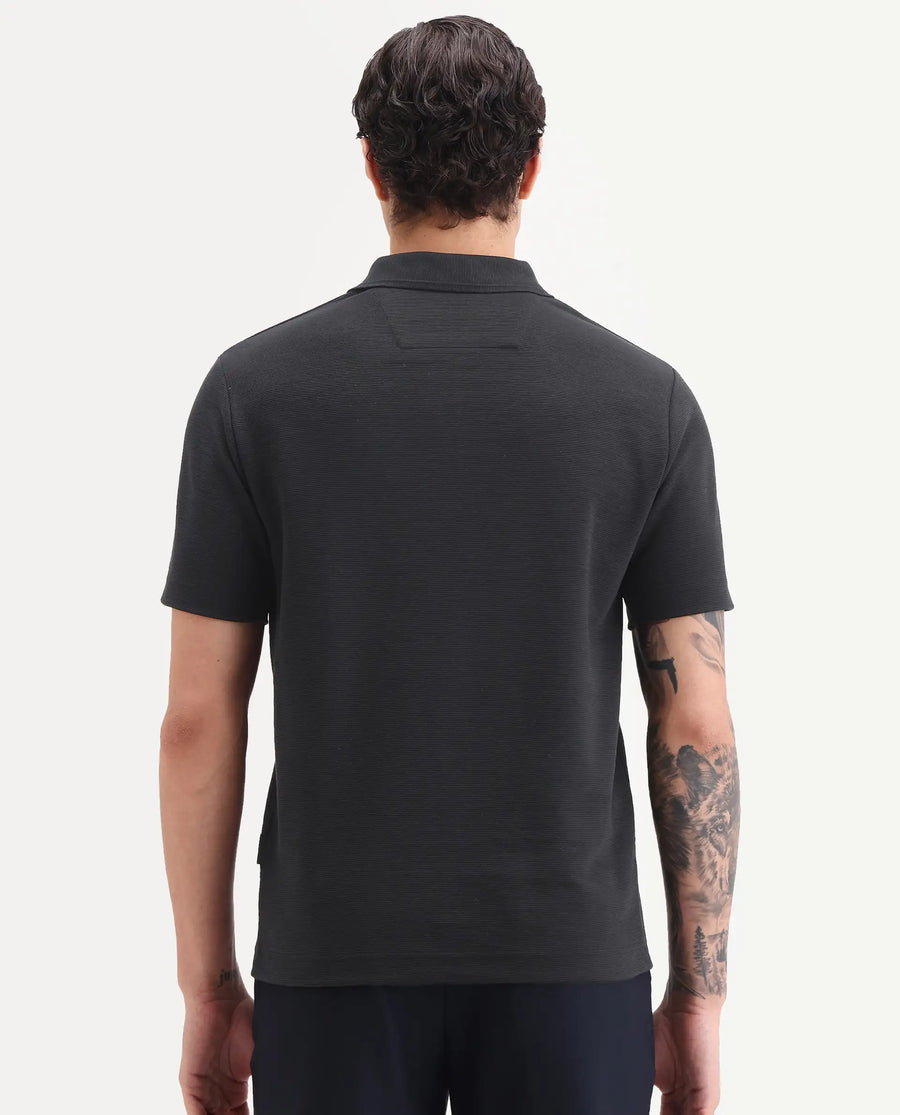 Rare Rabbit Men's Arp Black Cotton Blend Fabric Half Sleeve Spread Collar Regular Fit Plain Polo