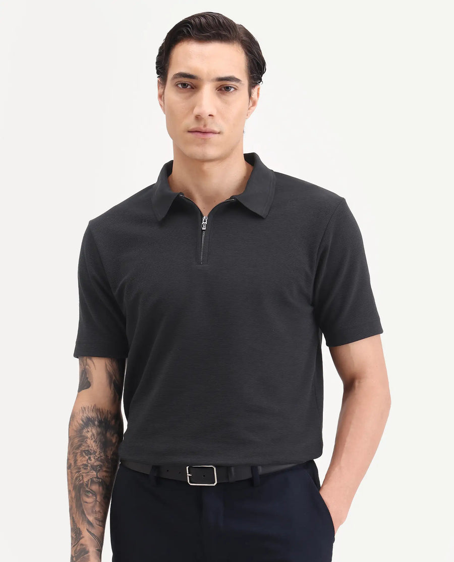 Rare Rabbit Men's Arp Black Cotton Blend Fabric Half Sleeve Spread Collar Regular Fit Plain Polo