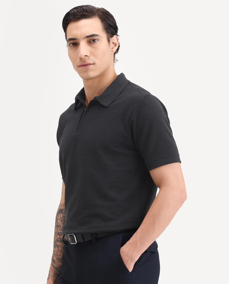 Rare Rabbit Men's Arp Black Cotton Blend Fabric Half Sleeve Spread Collar Regular Fit Plain Polo