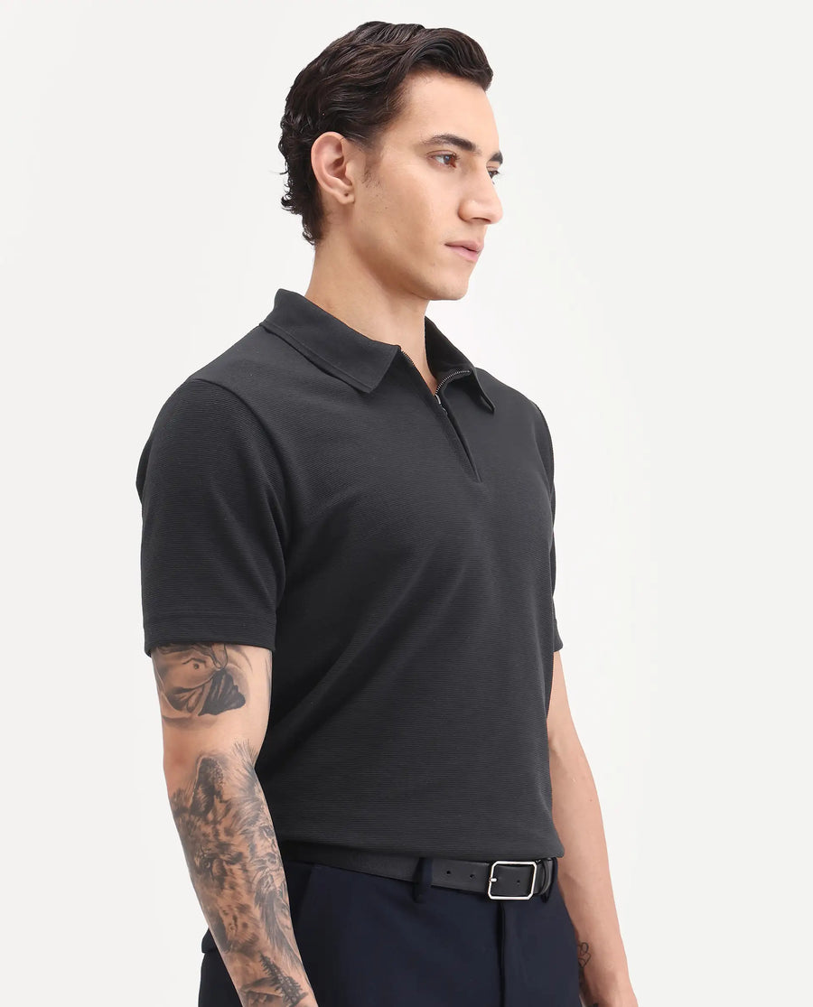 Rare Rabbit Men's Arp Black Cotton Blend Fabric Half Sleeve Spread Collar Regular Fit Plain Polo