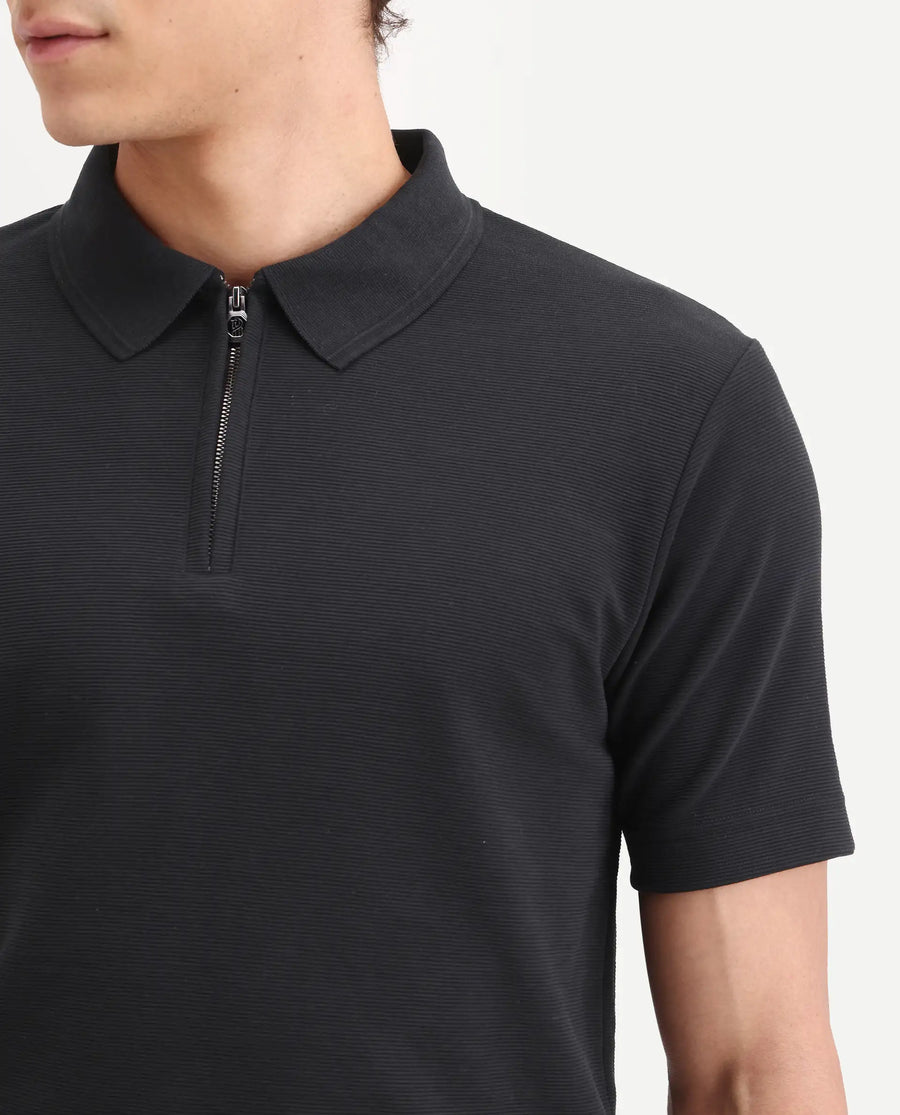 Rare Rabbit Men's Arp Black Cotton Blend Fabric Half Sleeve Spread Collar Regular Fit Plain Polo