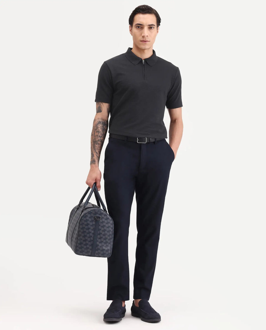 Rare Rabbit Men's Arp Black Cotton Blend Fabric Half Sleeve Spread Collar Regular Fit Plain Polo