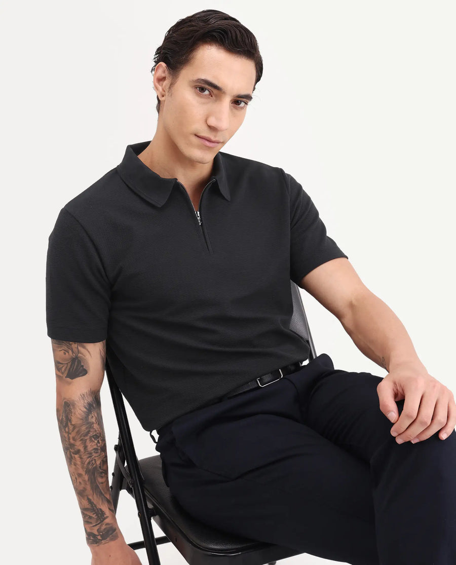 Rare Rabbit Men's Arp Black Cotton Blend Fabric Half Sleeve Spread Collar Regular Fit Plain Polo
