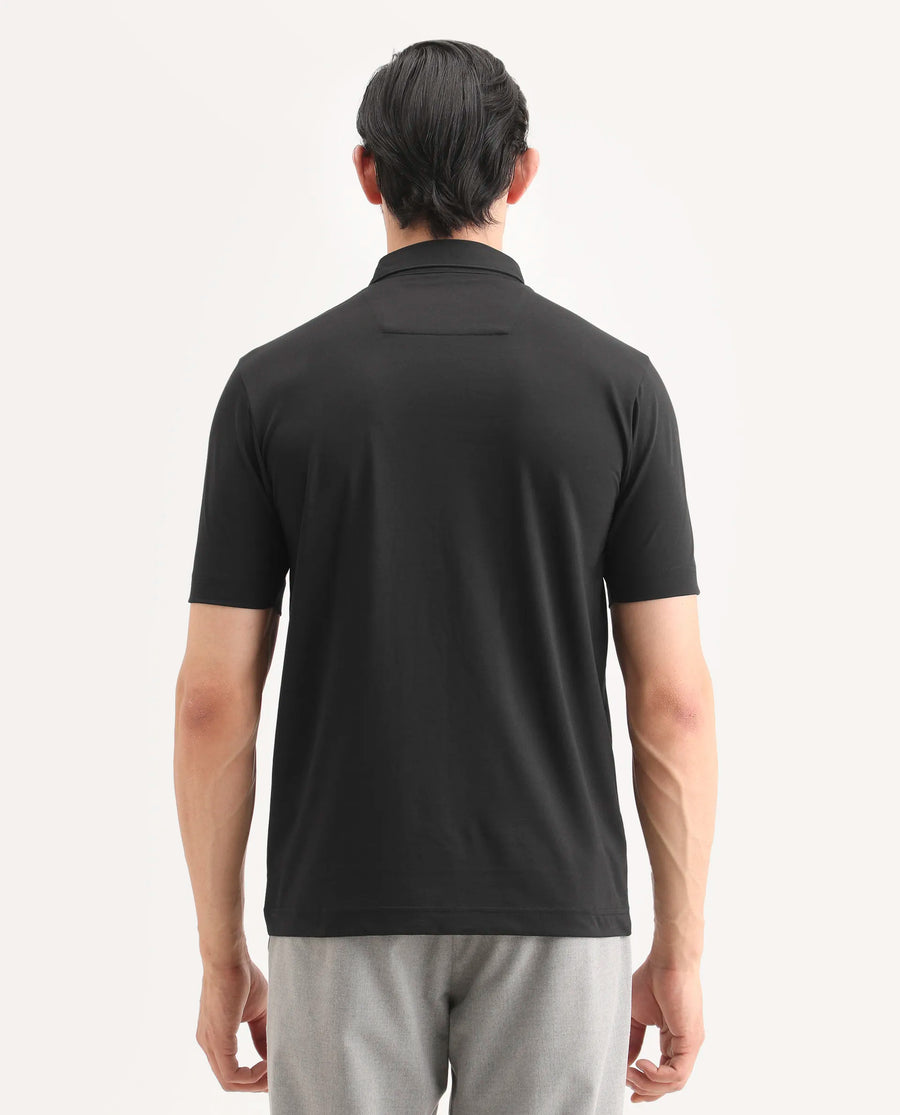 Rare Rabbit Men's Badger-S26 Black Cotton Blend Fabric Half Sleeve Spread Collar Regular Fit Plain Polo