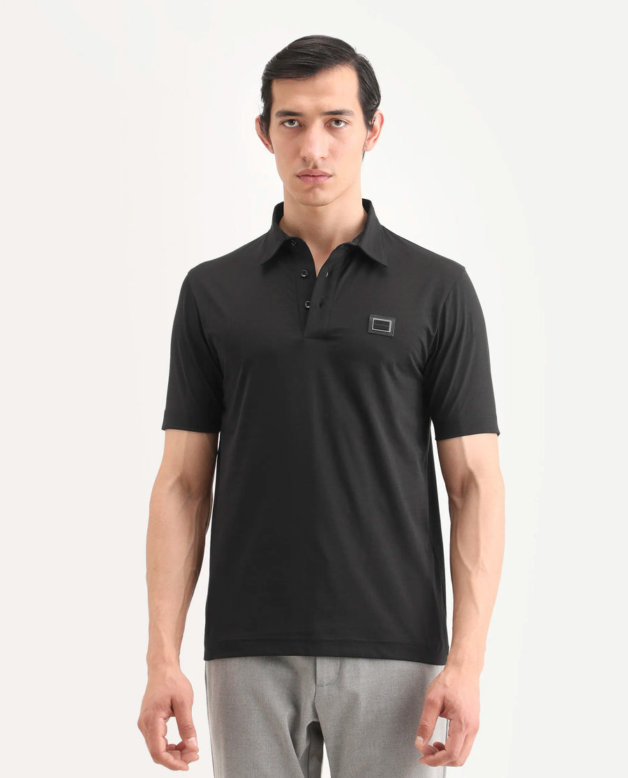 Rare Rabbit Men's Badger-S26 Black Cotton Blend Fabric Half Sleeve Spread Collar Regular Fit Plain Polo