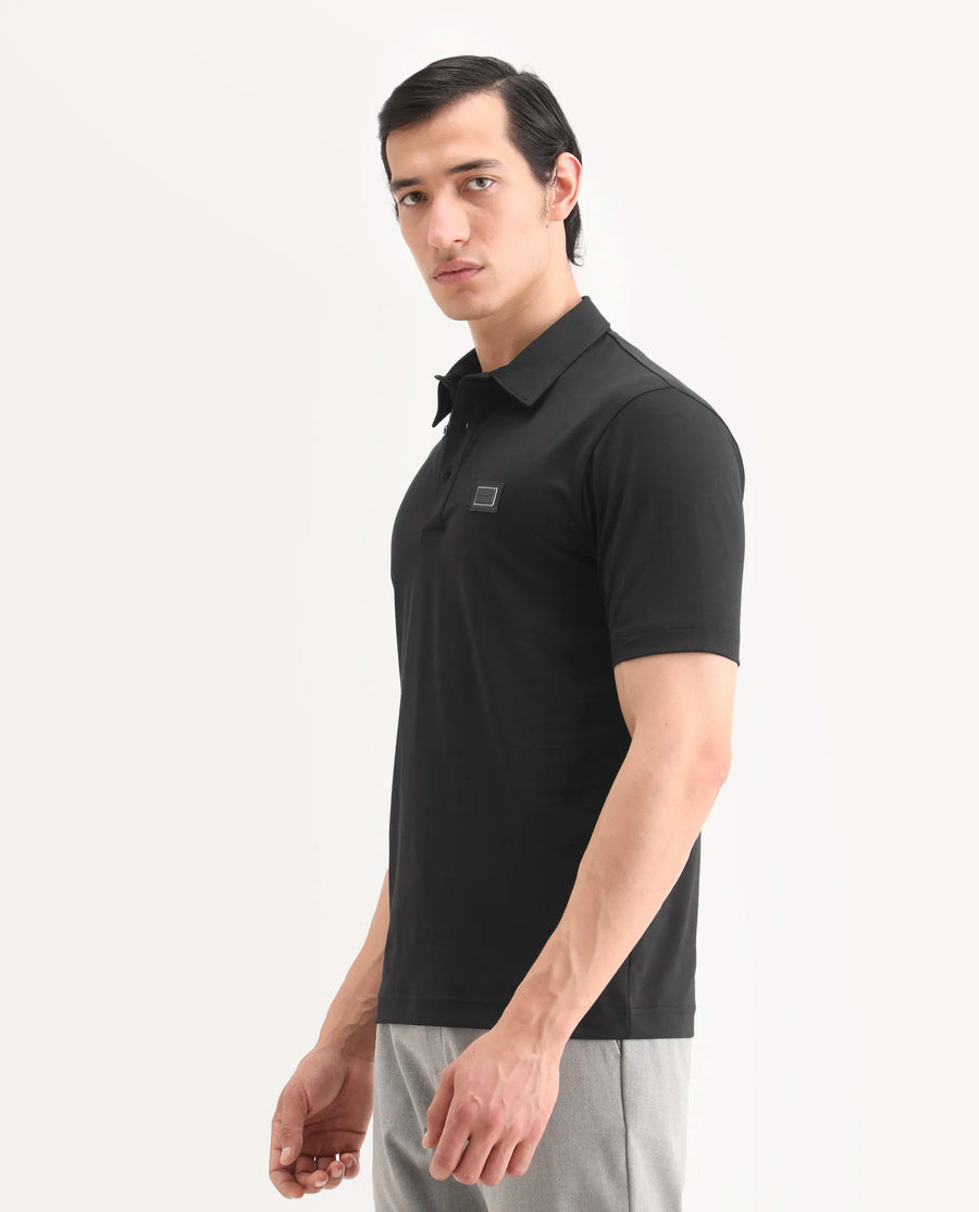 Rare Rabbit Men's Badger-S26 Black Cotton Blend Fabric Half Sleeve Spread Collar Regular Fit Plain Polo