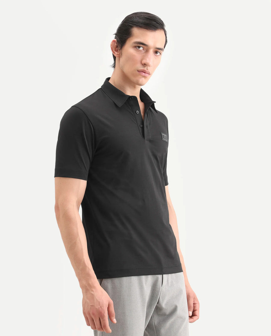 Rare Rabbit Men's Badger-S26 Black Cotton Blend Fabric Half Sleeve Spread Collar Regular Fit Plain Polo