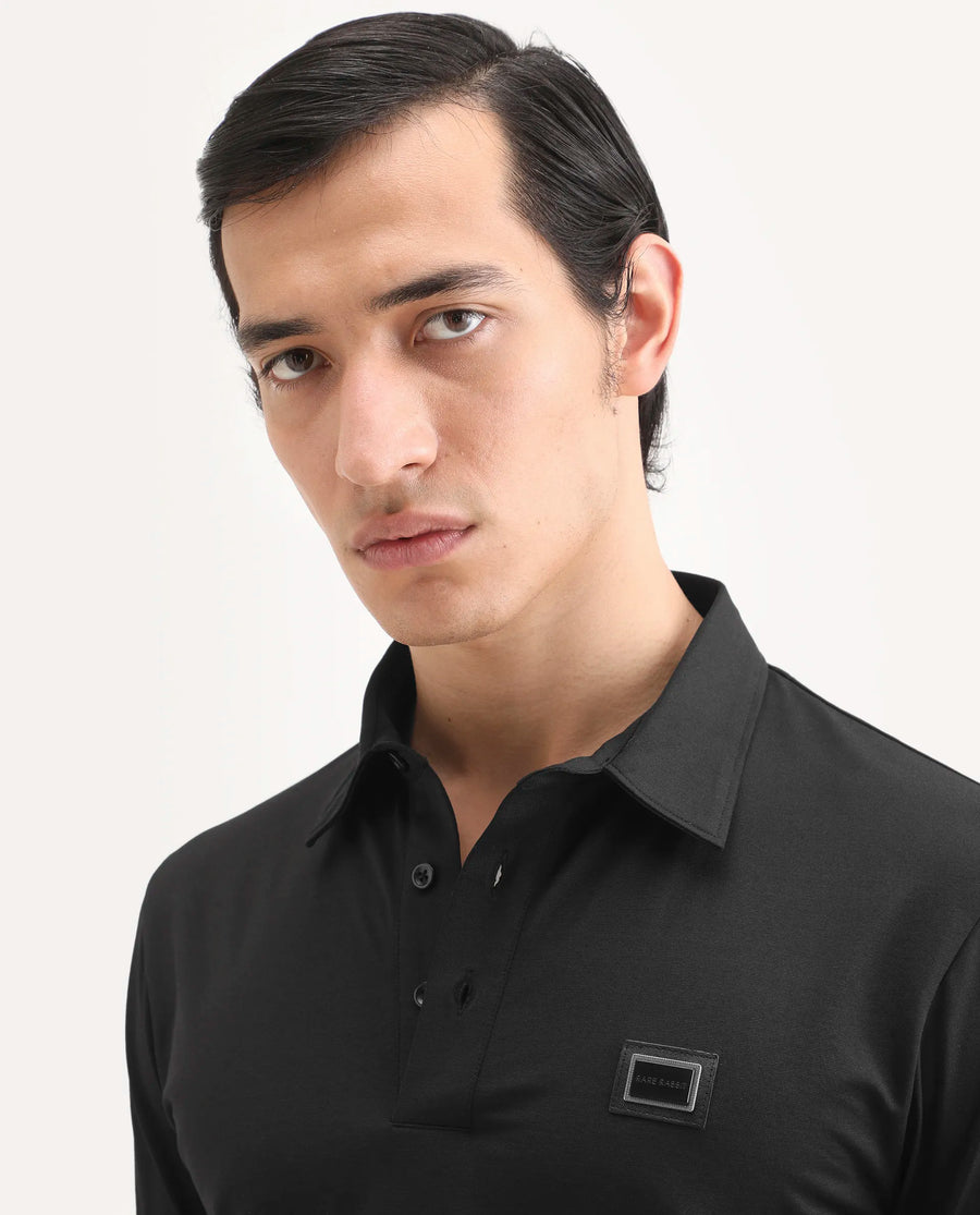 Rare Rabbit Men's Badger-S26 Black Cotton Blend Fabric Half Sleeve Spread Collar Regular Fit Plain Polo