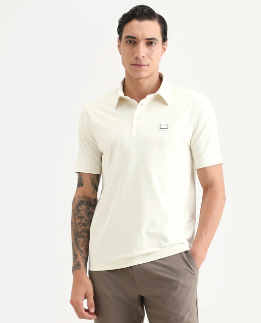 Rare Rabbit Men's Badger-S26 Off White Cotton Blend Fabric Half Sleeve Spread Collar Regular Fit Plain Polo