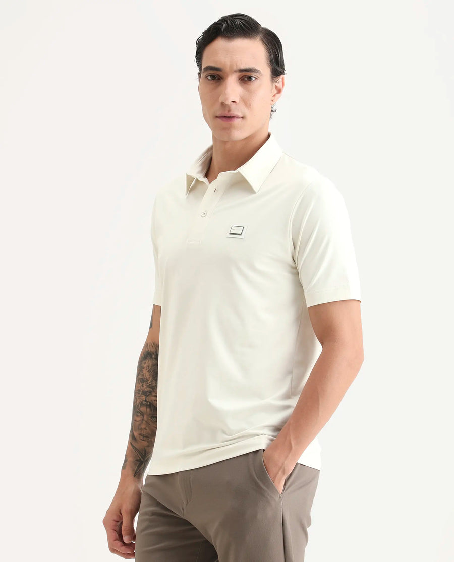 Rare Rabbit Men's Badger-S26 Off White Cotton Blend Fabric Half Sleeve Spread Collar Regular Fit Plain Polo
