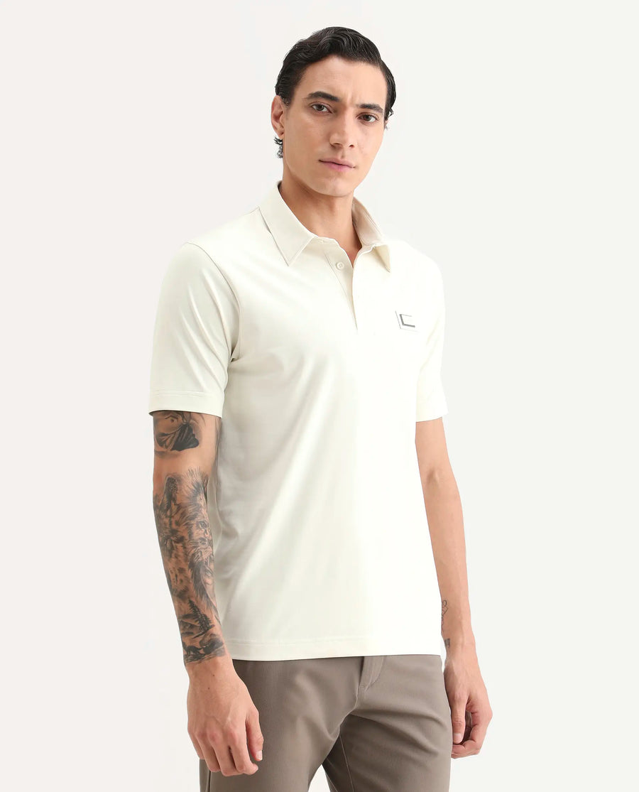 Rare Rabbit Men's Badger-S26 Off White Cotton Blend Fabric Half Sleeve Spread Collar Regular Fit Plain Polo