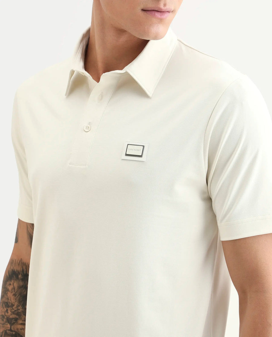 Rare Rabbit Men's Badger-S26 Off White Cotton Blend Fabric Half Sleeve Spread Collar Regular Fit Plain Polo