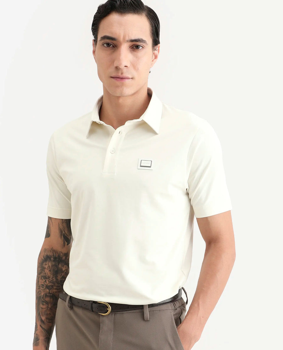 Rare Rabbit Men's Badger-S26 Off White Cotton Blend Fabric Half Sleeve Spread Collar Regular Fit Plain Polo