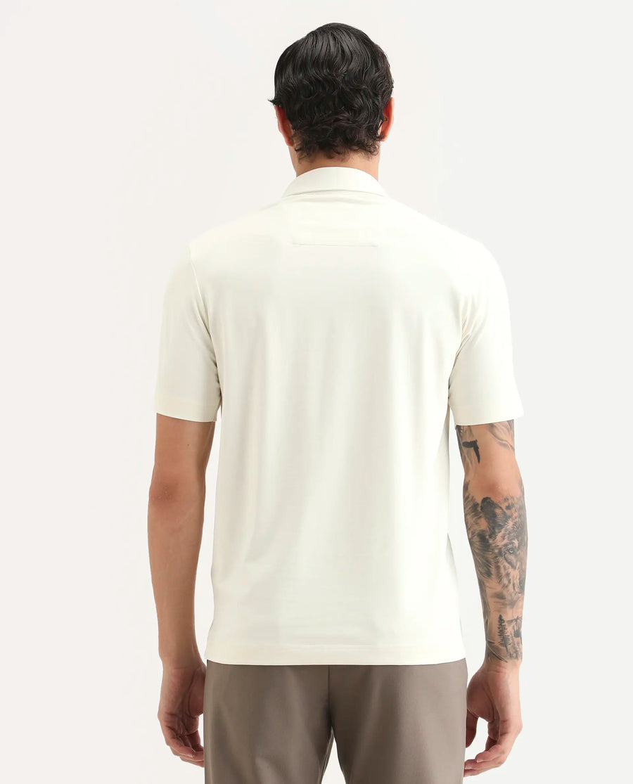 Rare Rabbit Men's Badger-S26 Off White Cotton Blend Fabric Half Sleeve Spread Collar Regular Fit Plain Polo