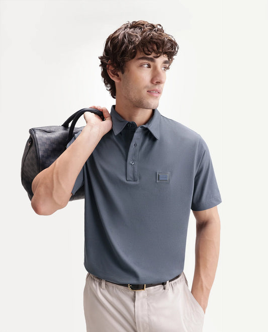 Rare Rabbit Men's Badger-S26 Dusky Blue Cotton Blend Fabric Half Sleeve Spread Collar Regular Fit Plain Polo