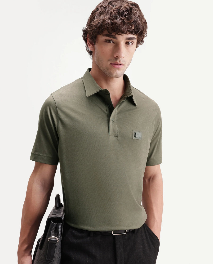 Rare Rabbit Men's Badger-S26 Dusky Olive Cotton Blend Fabric Half Sleeve Spread Collar Regular Fit Plain Polo