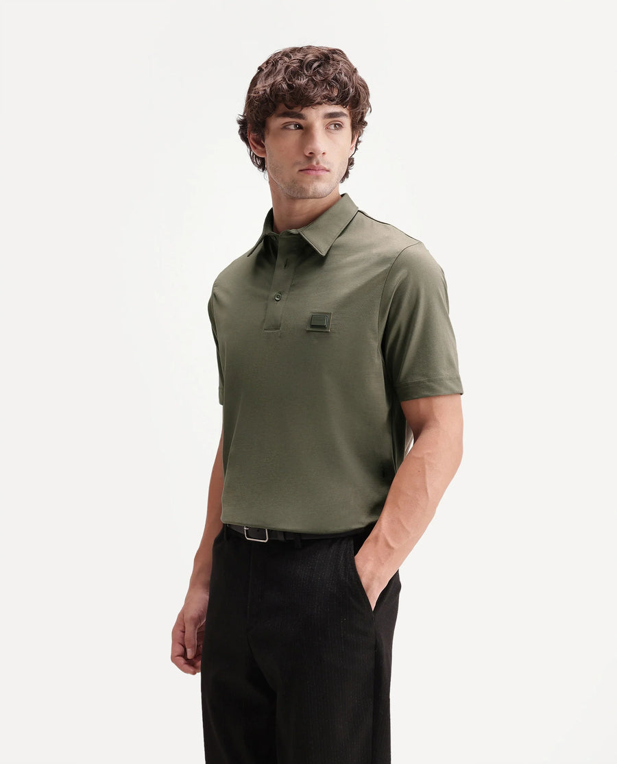 Rare Rabbit Men's Badger-S26 Dusky Olive Cotton Blend Fabric Half Sleeve Spread Collar Regular Fit Plain Polo