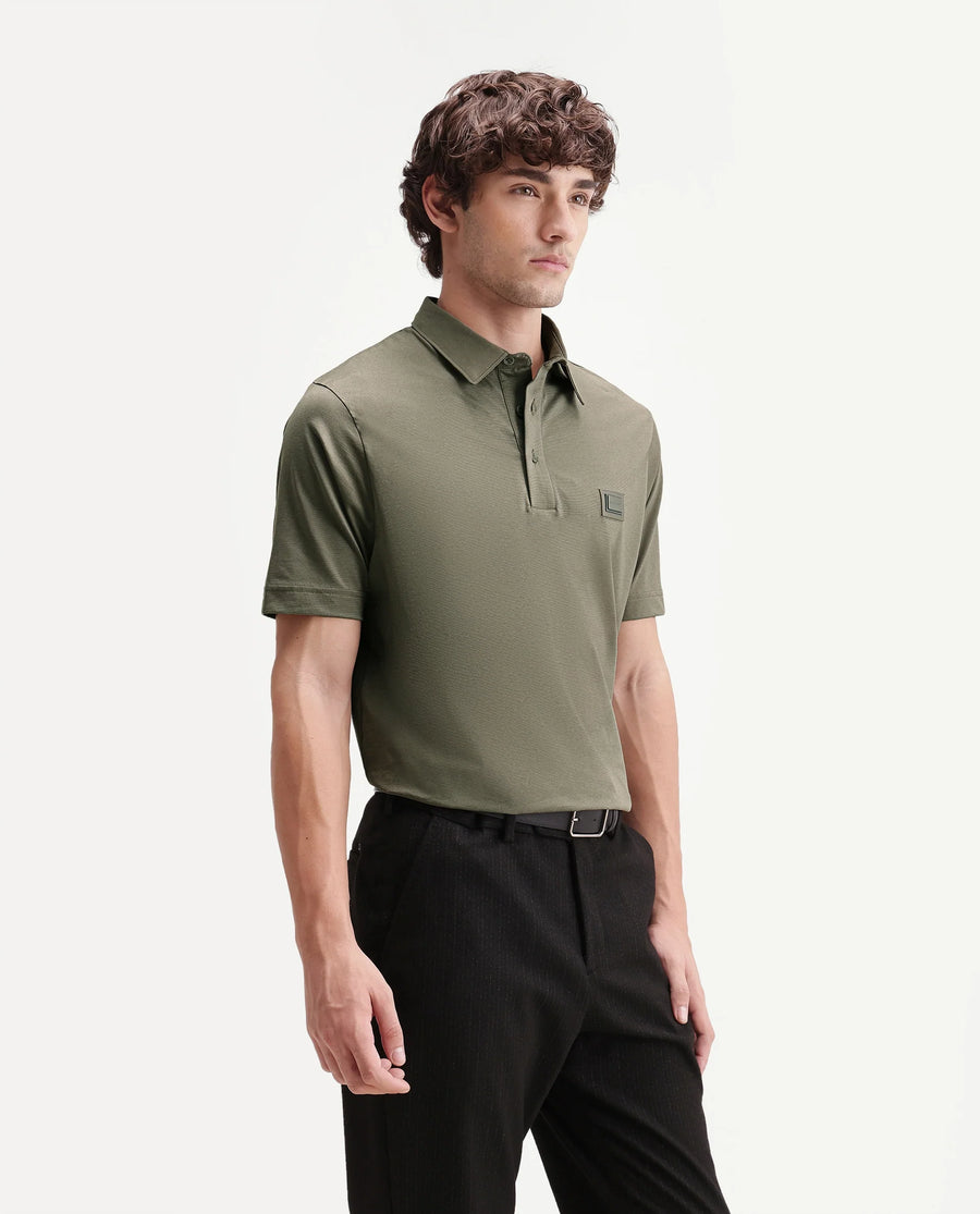 Rare Rabbit Men's Badger-S26 Dusky Olive Cotton Blend Fabric Half Sleeve Spread Collar Regular Fit Plain Polo