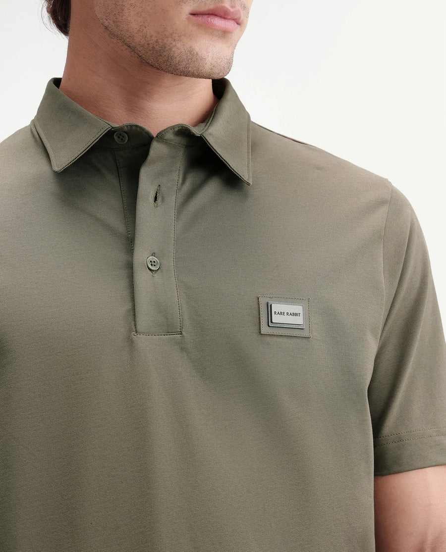 Rare Rabbit Men's Badger-S26 Dusky Olive Cotton Blend Fabric Half Sleeve Spread Collar Regular Fit Plain Polo