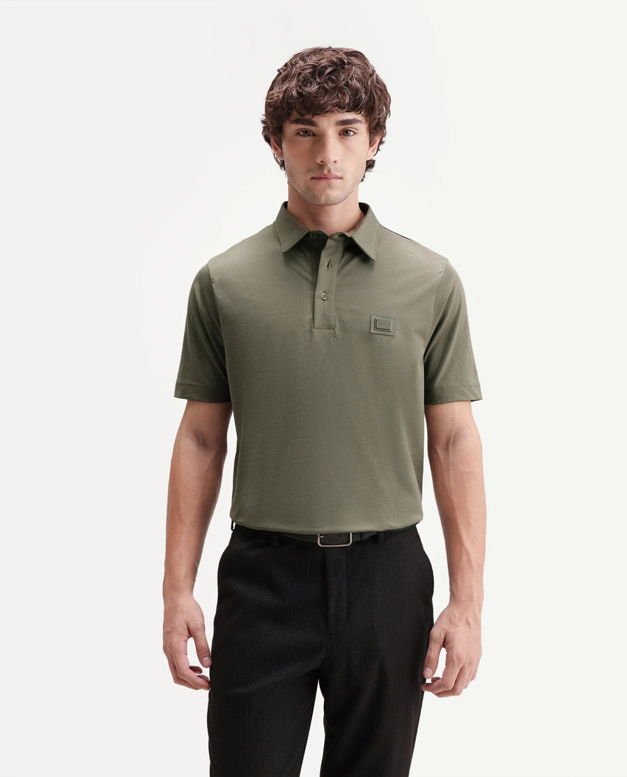 Rare Rabbit Men's Badger-S26 Dusky Olive Cotton Blend Fabric Half Sleeve Spread Collar Regular Fit Plain Polo