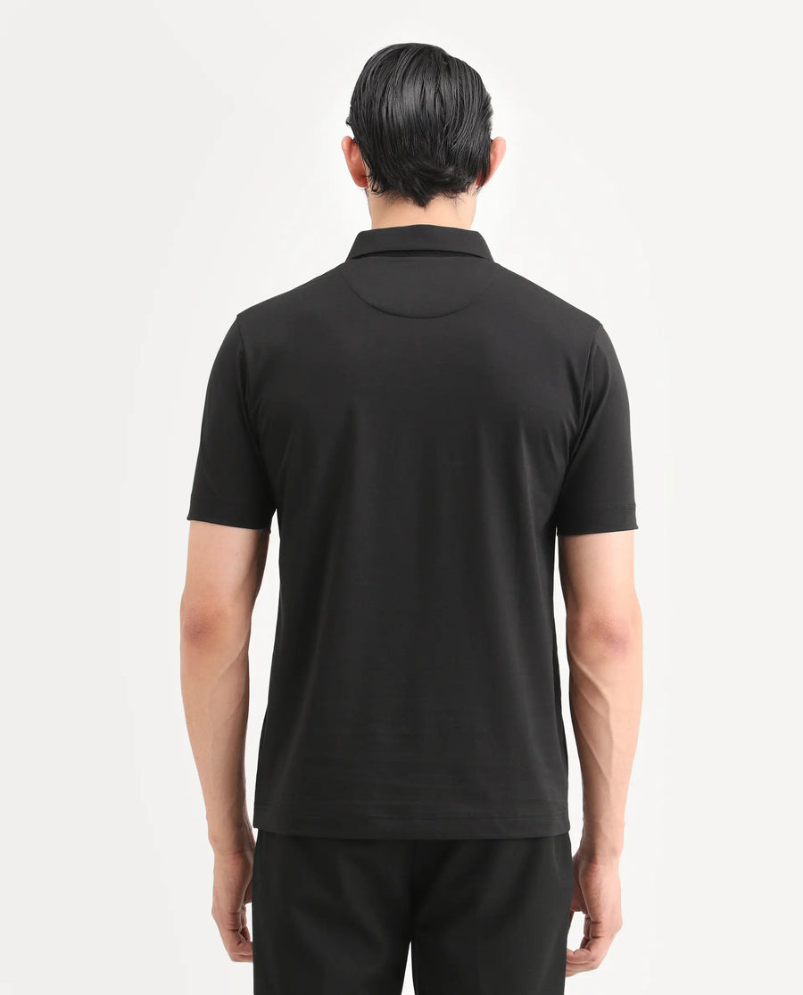 Rare Rabbit Men's Bage Black Cotton Blend Fabric Half Sleeve Spread Collar Regular Fit Plain Polo